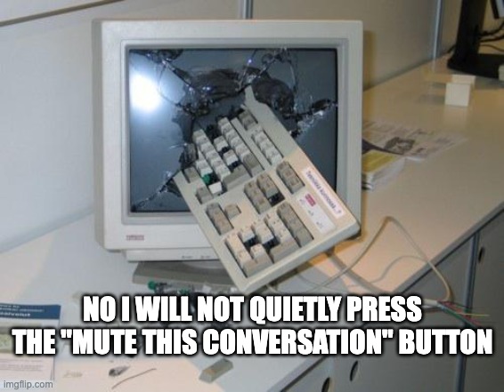 I'm guilty of nerd rage too | NO I WILL NOT QUIETLY PRESS THE "MUTE THIS CONVERSATION" BUTTON | image tagged in nerd rage,social media,bots,keyboard warrior | made w/ Imgflip meme maker