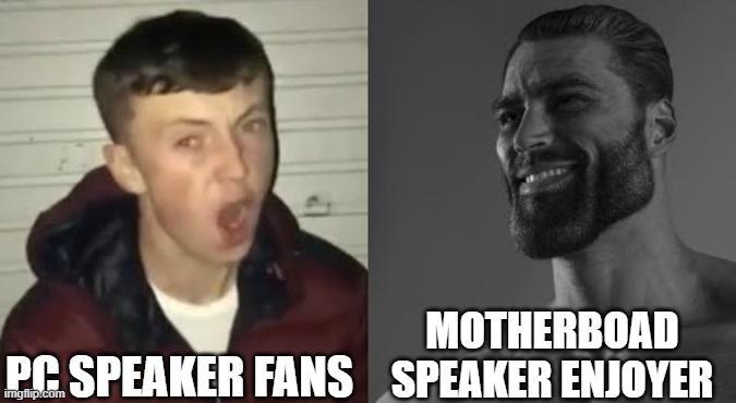 speaker fans vs motherboard speaker enjoyer | PC SPEAKER FANS; MOTHERBOAD SPEAKER ENJOYER | image tagged in average enjoyer meme | made w/ Imgflip meme maker