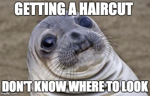 Awkward Moment Sealion | GETTING A HAIRCUT  DON'T KNOW WHERE TO LOOK | image tagged in memes,awkward moment sealion,AdviceAnimals | made w/ Imgflip meme maker
