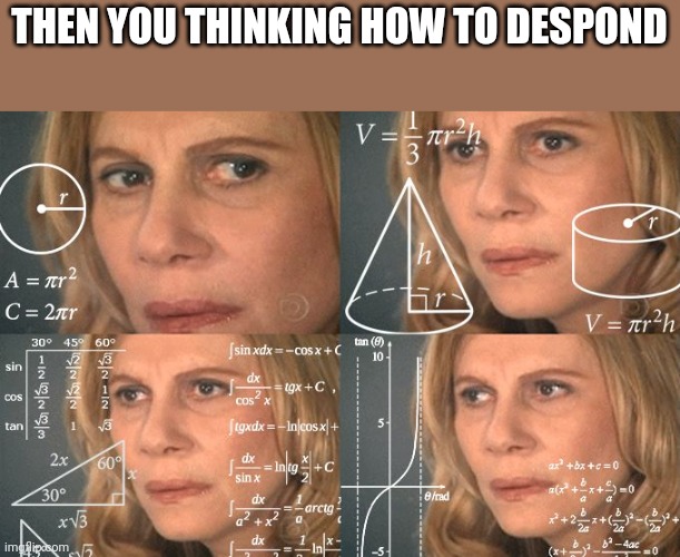 Calculating meme | THEN YOU THINKING HOW TO DESPOND | image tagged in calculating meme | made w/ Imgflip meme maker