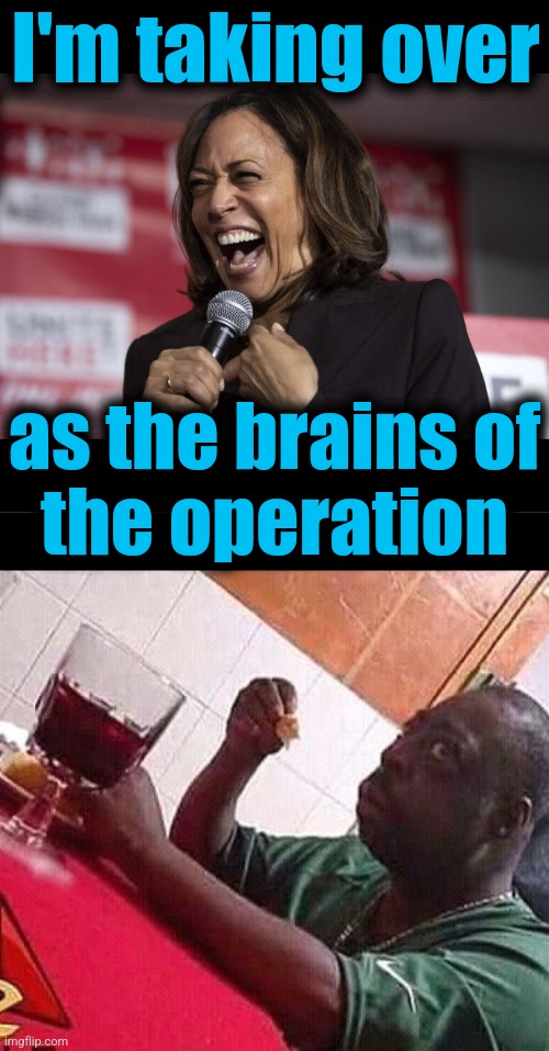 I'm taking over; as the brains of
the operation | image tagged in kamala laughing,afraid black guy,democrats,joe biden,brains of the operation,memes | made w/ Imgflip meme maker