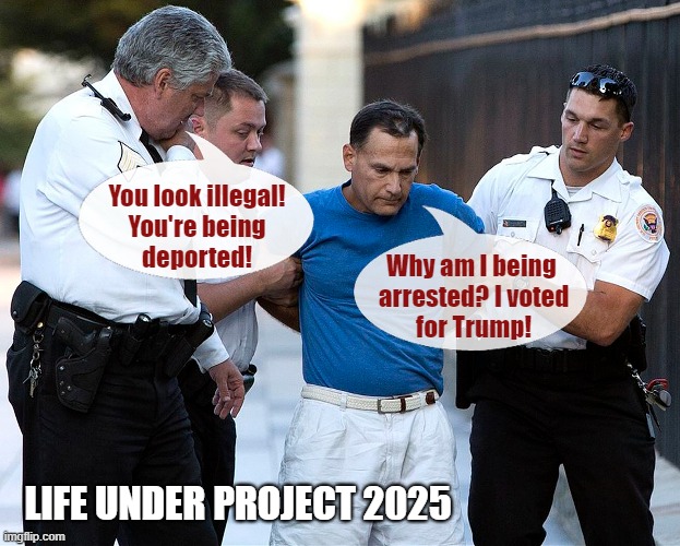 Life under Project 2025 | You look illegal!
You're being
deported! Why am I being 
arrested? I voted
for Trump! LIFE UNDER PROJECT 2025 | image tagged in donald trump,project 2025,election 2024 | made w/ Imgflip meme maker