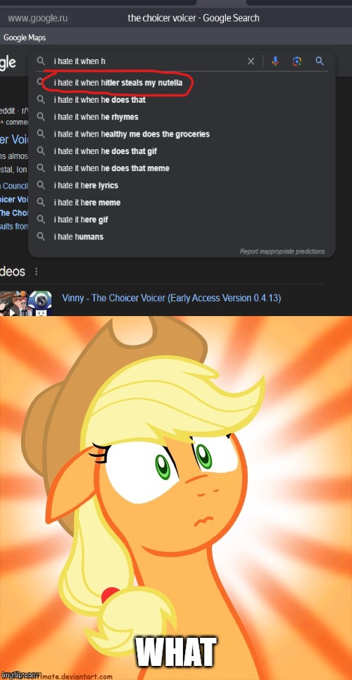 the fuck is google up to :skull: | WHAT | image tagged in shocked applejack,i hate it when,hitler | made w/ Imgflip meme maker