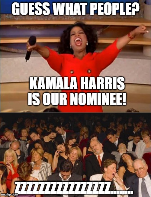 KAMALA HARRIS EXCITEMENT! | GUESS WHAT PEOPLE? KAMALA HARRIS IS OUR NOMINEE! ZZZZZZZZZZZZZZZZ........ | image tagged in memes,oprah you get a,kamala harris,joe biden,donald trump,president | made w/ Imgflip meme maker