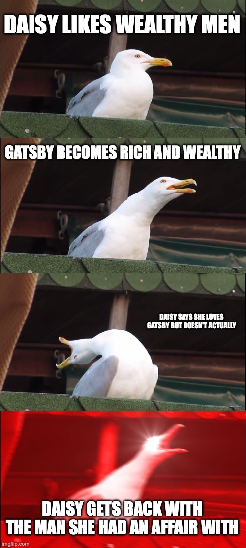 Inhaling Seagull | DAISY LIKES WEALTHY MEN; GATSBY BECOMES RICH AND WEALTHY; DAISY SAYS SHE LOVES GATSBY BUT DOESN'T ACTUALLY; DAISY GETS BACK WITH THE MAN SHE HAD AN AFFAIR WITH | image tagged in memes,inhaling seagull | made w/ Imgflip meme maker