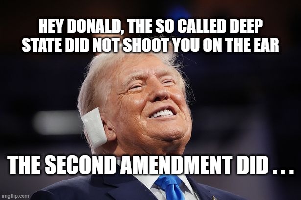 Trumps's ear | HEY DONALD, THE SO CALLED DEEP STATE DID NOT SHOOT YOU ON THE EAR; THE SECOND AMENDMENT DID . . . | image tagged in donald trump,shooting,trump's shooting,deep state,second amendment | made w/ Imgflip meme maker