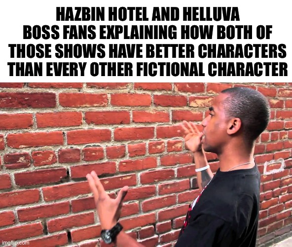 Glazers | HAZBIN HOTEL AND HELLUVA BOSS FANS EXPLAINING HOW BOTH OF THOSE SHOWS HAVE BETTER CHARACTERS THAN EVERY OTHER FICTIONAL CHARACTER | image tagged in talking to wall,memes,hazbin hotel,helluva boss | made w/ Imgflip meme maker