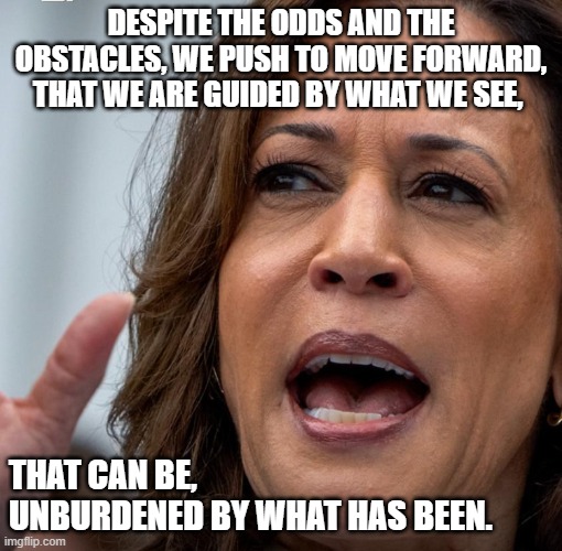 Veep Thoughts #35 | DESPITE THE ODDS AND THE OBSTACLES, WE PUSH TO MOVE FORWARD, THAT WE ARE GUIDED BY WHAT WE SEE, THAT CAN BE, UNBURDENED BY WHAT HAS BEEN. | image tagged in kamala harris | made w/ Imgflip meme maker