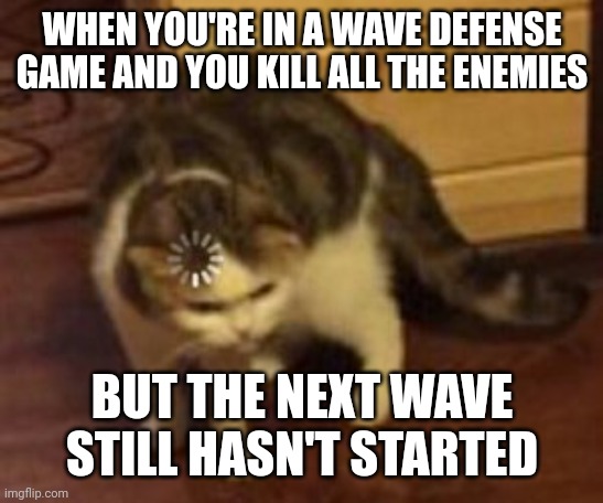 Loading cat | WHEN YOU'RE IN A WAVE DEFENSE GAME AND YOU KILL ALL THE ENEMIES; BUT THE NEXT WAVE STILL HASN'T STARTED | image tagged in loading cat | made w/ Imgflip meme maker