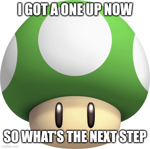 1-Up Mushroom | I GOT A ONE UP NOW SO WHAT'S THE NEXT STEP | image tagged in 1-up mushroom | made w/ Imgflip meme maker