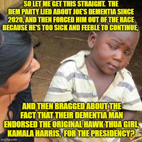 Well yes.  But in reality . . . no; the answer still remains 'yes'. | SO LET ME GET THIS STRAIGHT.  THE DEM PARTY LIED ABOUT JOE'S DEMENTIA SINCE 2020, AND THEN FORCED HIM OUT OF THE RACE BECAUSE HE'S TOO SICK AND FEEBLE TO CONTINUE, AND THEN BRAGGED ABOUT THE FACT THAT THEIR DEMENTIA MAN ENDORSED THE ORIGINAL HAWK THUA GIRL, KAMALA HARRIS,  FOR THE PRESIDENCY? | image tagged in so you're telling me | made w/ Imgflip meme maker