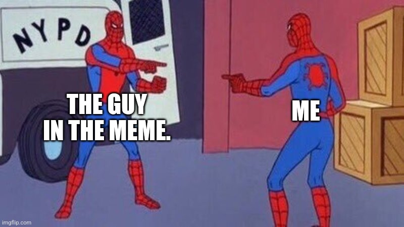 spiderman pointing at spiderman | THE GUY IN THE MEME. ME | image tagged in spiderman pointing at spiderman | made w/ Imgflip meme maker