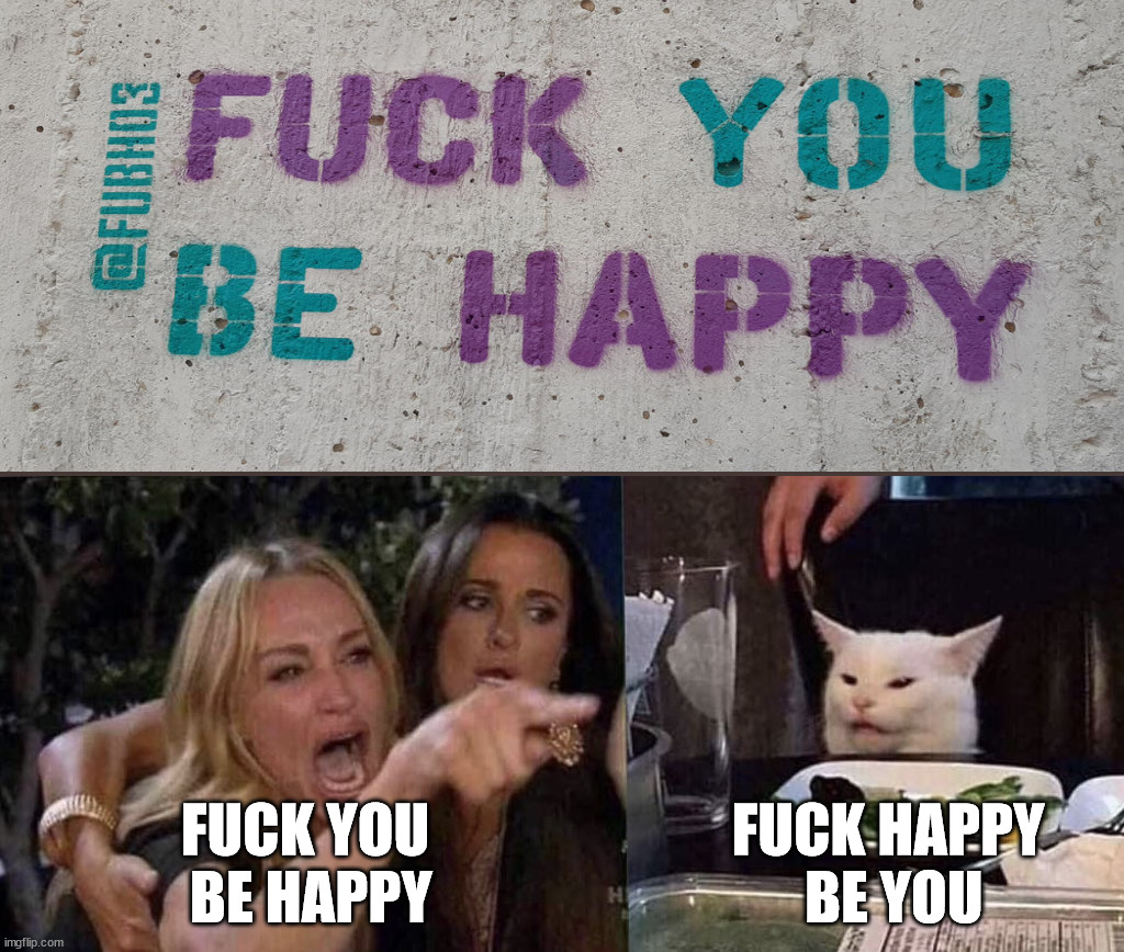 woman yelling at cat | FUCK HAPPY
 BE YOU; FUCK YOU
 BE HAPPY | image tagged in woman yelling at cat,fuck you,happy | made w/ Imgflip meme maker