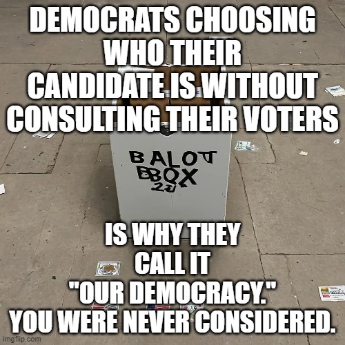 If you're smart, and you want to save "democracy," you'll write in your vote. | DEMOCRATS CHOOSING WHO THEIR CANDIDATE IS WITHOUT CONSULTING THEIR VOTERS; IS WHY THEY CALL IT
"OUR DEMOCRACY."
YOU WERE NEVER CONSIDERED. | image tagged in politics,election,presidential,democracy,constitutional republic | made w/ Imgflip meme maker