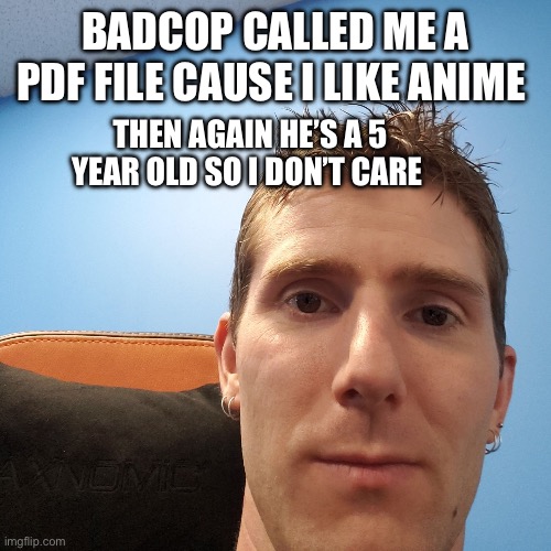 Linus Face Meme | BADCOP CALLED ME A PDF FILE CAUSE I LIKE ANIME; THEN AGAIN HE’S A 5 YEAR OLD SO I DON’T CARE | image tagged in linus face meme | made w/ Imgflip meme maker