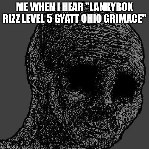 Cursed wojak | ME WHEN I HEAR "LANKYBOX RIZZ LEVEL 5 GYATT OHIO GRIMACE" | image tagged in cursed wojak | made w/ Imgflip meme maker