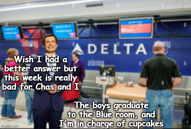 Delta still Down, Secretary of the Posterior is all over it | Wish I had a better answer but this week is really bad for Chas and I The boys graduate to the Blue room, and I'm in charge of cupcakes | image tagged in buttigieg airlines meme | made w/ Imgflip meme maker