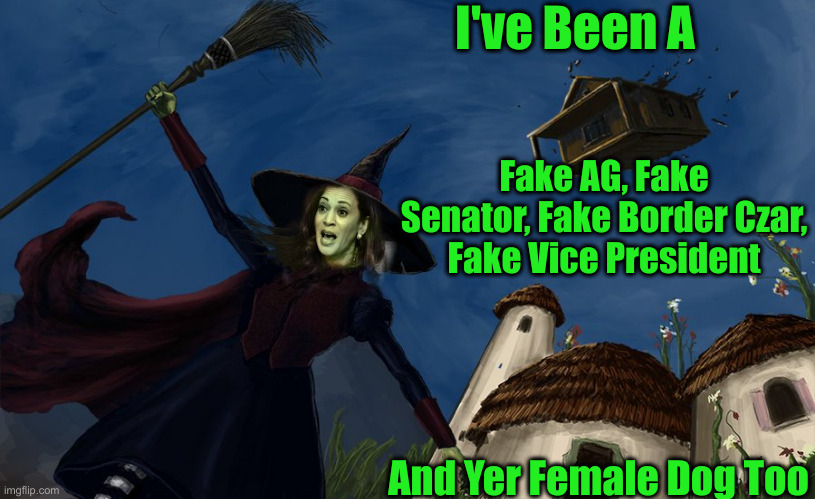 The Wicked Witch of the North, East & WestWest | I've Been A; Fake AG, Fake Senator, Fake Border Czar,
Fake Vice President; And Yer Female Dog Too | image tagged in kamala harris wicked witch of the left,political meme,politics,funny memes,funny | made w/ Imgflip meme maker