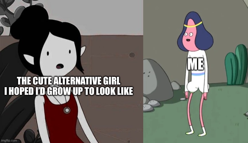 Marceline Abracadaniel | ME; THE CUTE ALTERNATIVE GIRL I HOPED I’D GROW UP TO LOOK LIKE | image tagged in comparison,youth,delusion,delusional,adventure time | made w/ Imgflip meme maker