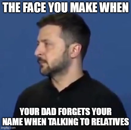 the face you make when your dad forgets your name when talking to relatives | THE FACE YOU MAKE WHEN; YOUR DAD FORGETS YOUR NAME WHEN TALKING TO RELATIVES | image tagged in volodymyr zelenskyy,fun,politics,name,dad | made w/ Imgflip meme maker