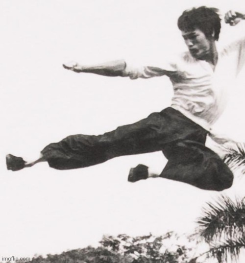 Bruce Lee flying Dropkick | image tagged in bruce lee flying dropkick | made w/ Imgflip meme maker