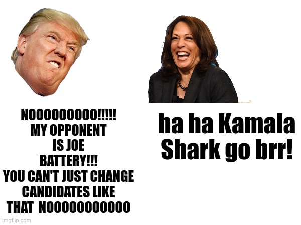 Gwar Gura to the rescue. | NOOOOOOOOO!!!!! MY OPPONENT IS JOE BATTERY!!!
YOU CAN'T JUST CHANGE CANDIDATES LIKE THAT  NOOOOOOOOOOO; ha ha Kamala Shark go brr! | image tagged in presidential election,2024,uno reverse card,take that | made w/ Imgflip meme maker