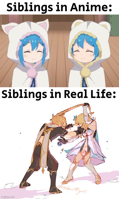 Sometimes we can fighting each other, but sometimes we still like our siblings. | Siblings in Anime:; Siblings in Real Life: | image tagged in memes,funny,siblings,anime,real life | made w/ Imgflip meme maker
