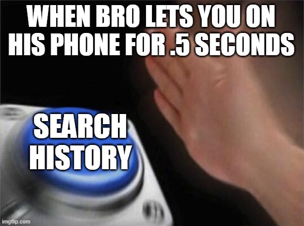 Fr | WHEN BRO LETS YOU ON HIS PHONE FOR .5 SECONDS; SEARCH HISTORY | image tagged in memes,blank nut button | made w/ Imgflip meme maker
