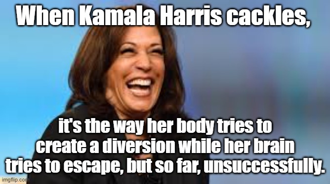 When Kamala Harris cackles, it's the way her body tries to create a diversion while her brain tries to escape. | When Kamala Harris cackles, it's the way her body tries to create a diversion while her brain tries to escape, but so far, unsuccessfully. | image tagged in memes,funny memes,political memes,kamala harris,american politics,democrats | made w/ Imgflip meme maker