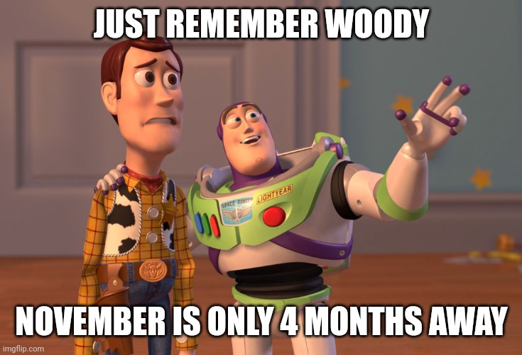 I'm not ready for another nnn | JUST REMEMBER WOODY; NOVEMBER IS ONLY 4 MONTHS AWAY | image tagged in memes,x x everywhere,nnn,november | made w/ Imgflip meme maker