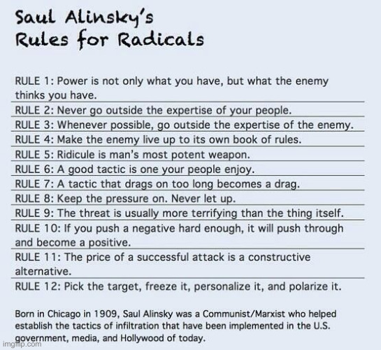 Saul Alinsky’s Rules for Radicals | image tagged in saul alinsky s rules for radicals | made w/ Imgflip meme maker