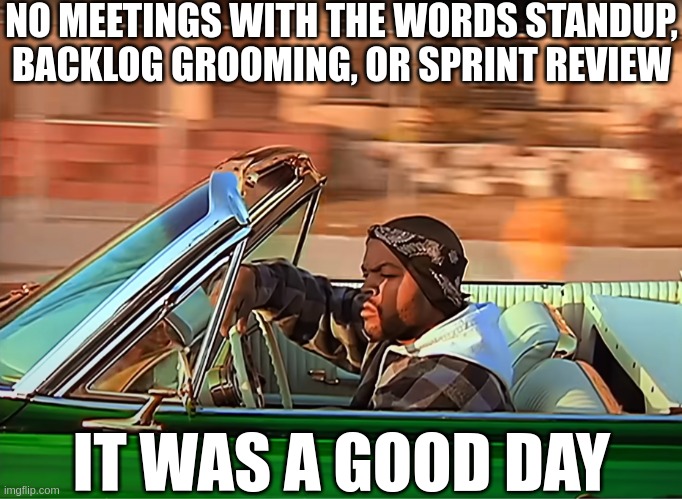 Not today for holding this for someday! | NO MEETINGS WITH THE WORDS STANDUP, BACKLOG GROOMING, OR SPRINT REVIEW; IT WAS A GOOD DAY | image tagged in it was a good day | made w/ Imgflip meme maker