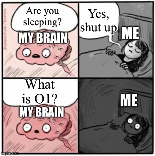 This always happens | Yes, shut up; Are you sleeping? ME; MY BRAIN; What is O1? ME; MY BRAIN | image tagged in brain before sleep | made w/ Imgflip meme maker