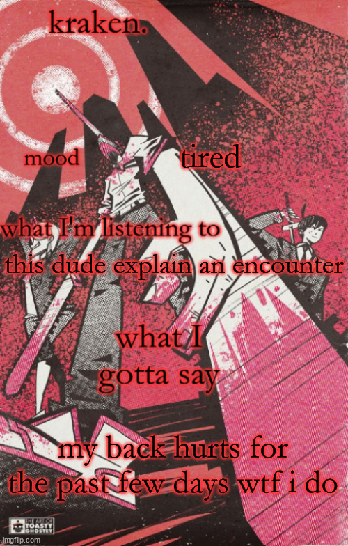 kraken csm temp | tired; this dude explain an encounter; my back hurts for the past few days wtf i do | image tagged in kraken csm temp | made w/ Imgflip meme maker