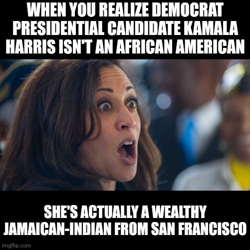 Black voters, you thought Kamala was an African American who worked hard to escape the hood right? She ain't, not even close! | WHEN YOU REALIZE DEMOCRAT PRESIDENTIAL CANDIDATE KAMALA HARRIS ISN'T AN AFRICAN AMERICAN; SHE'S ACTUALLY A WEALTHY JAMAICAN-INDIAN FROM SAN FRANCISCO | image tagged in kamala harriss,lies,mainstream media,black,liberal hypocrisy,crying democrats | made w/ Imgflip meme maker