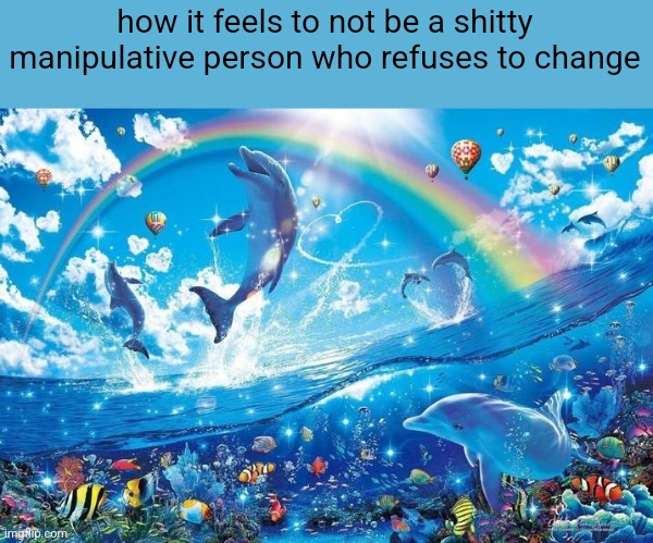 Happy dolphin rainbow | how it feels to not be a shitty manipulative person who refuses to change | image tagged in happy dolphin rainbow | made w/ Imgflip meme maker