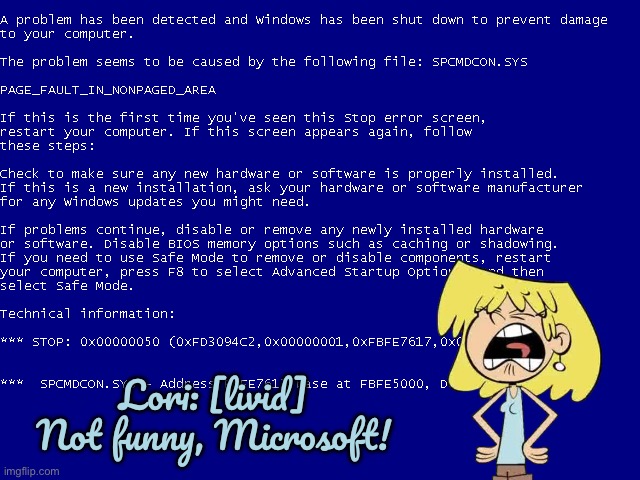 Lori Loud Hates BSOD | Lori: [livid] Not funny, Microsoft! | image tagged in lori loud,microsoft,memes,the loud house,hilarious,nickelodeon | made w/ Imgflip meme maker