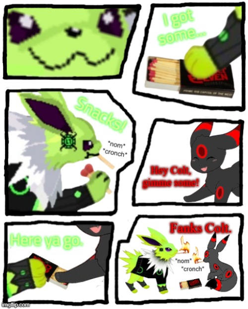 (Comic!!!) Colt and Kitty eat the forbidden spicy pockys. | image tagged in colt,kitty,jolteon,umbreon,comic | made w/ Imgflip meme maker