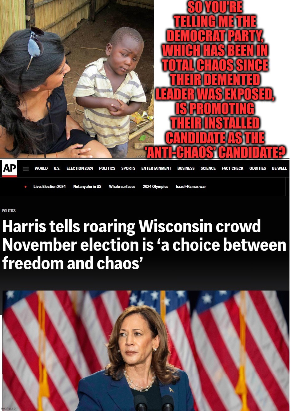 Kamala Harris: the QUEEN of CHAOS | SO YOU'RE TELLING ME THE DEMOCRAT PARTY, WHICH HAS BEEN IN TOTAL CHAOS SINCE THEIR DEMENTED LEADER WAS EXPOSED, IS PROMOTING THEIR INSTALLED CANDIDATE AS THE 'ANTI-CHAOS' CANDIDATE? | image tagged in liberal media,liberal hypocrisy,liberal logic,hollywood liberals,stupid liberals,harris | made w/ Imgflip meme maker