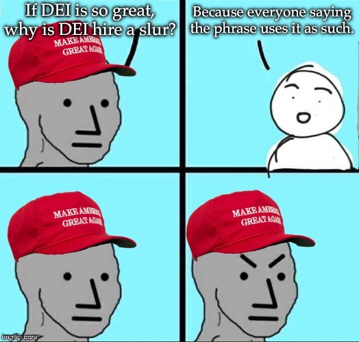 Wait, context means things? | If DEI is so great, why is DEI hire a slur? Because everyone saying the phrase uses it as such. | image tagged in maga npc an an0nym0us template | made w/ Imgflip meme maker