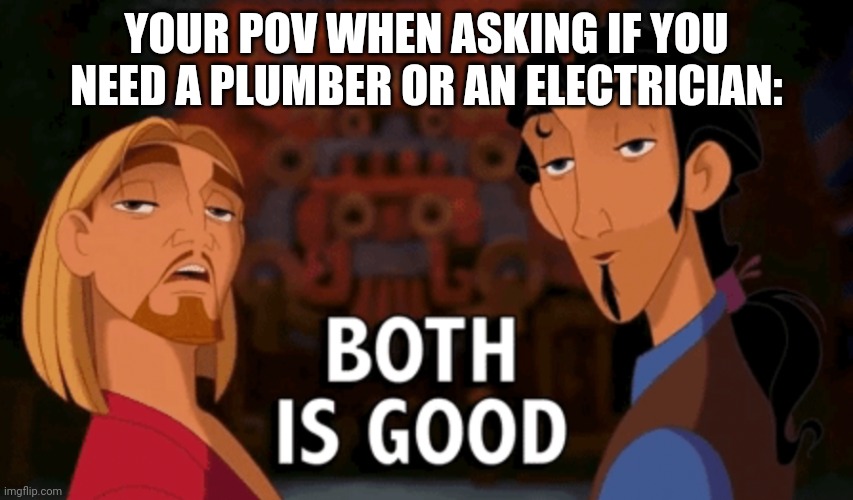 Both is Good | YOUR POV WHEN ASKING IF YOU NEED A PLUMBER OR AN ELECTRICIAN: | image tagged in both is good | made w/ Imgflip meme maker