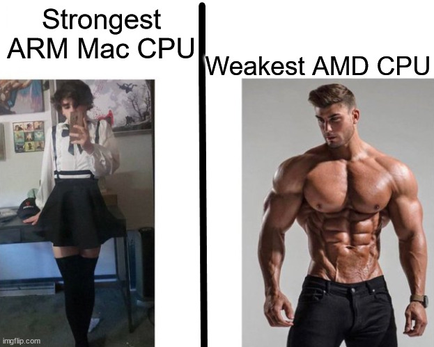 C'mon APPLE, step IT UP! | Weakest AMD CPU; Strongest ARM Mac CPU | image tagged in strongest ___ fan vs weakest ___ enjoyer,arm,apple inc,amd,memes,cpu | made w/ Imgflip meme maker