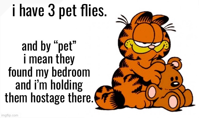 garfield | i have 3 pet flies. and by “pet” i mean they found my bedroom and i’m holding them hostage there. | image tagged in garfield | made w/ Imgflip meme maker