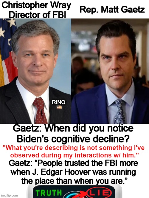 Our 13 y/o BLONDE granddaughters could have answered this question, yet 'The Director of The FBI' couldn't...??? | Christopher Wray 
Director of FBI; Rep. Matt Gaetz; RINO; Gaetz: When did you notice 
Biden's cognitive decline? "What you're describing is not something I've 
observed during my interactions w/ him."; Gaetz: “People trusted the FBI more 
when J. Edgar Hoover was running 
the place than when you are.” | image tagged in fbi,liars,joe biden,dementia,government corruption,political humor | made w/ Imgflip meme maker