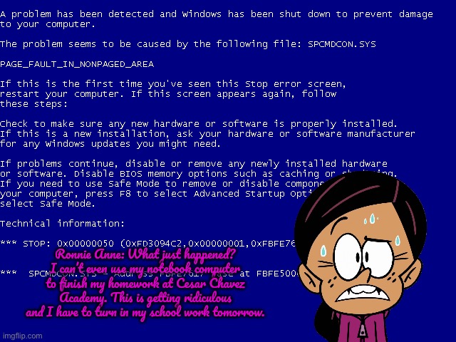 A problem has been detected (R. A. Santiago) | Ronnie Anne: What just happened? I can’t even use my notebook computer to finish my homework at Cesar Chavez Academy. This is getting ridiculous and I have to turn in my school work tomorrow. | image tagged in microsoft word,the loud house,ronnie anne,nickelodeon,ronnie anne santiago,school | made w/ Imgflip meme maker