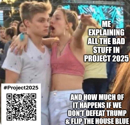 Project 2025 - download and search issues | ME EXPLAINING ALL THE BAD STUFF IN PROJECT 2025; AND HOW MUCH OF IT HAPPENS IF WE DON'T DEFEAT TRUMP & FLIP THE HOUSE BLUE | image tagged in girlspaining | made w/ Imgflip meme maker