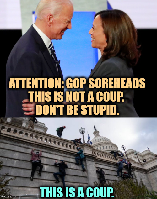 ATTENTION: GOP SOREHEADS
THIS IS NOT A COUP. 
DON'T BE STUPID. THIS IS A COUP. | image tagged in biden harris,capitol riot,president,vice president,trump,coup | made w/ Imgflip meme maker