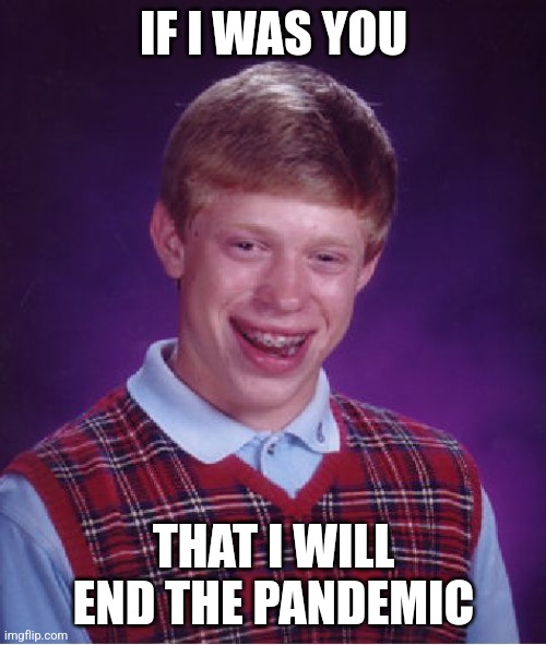 No more pandemics | IF I WAS YOU; THAT I WILL END THE PANDEMIC | image tagged in memes,bad luck brian,pandemics | made w/ Imgflip meme maker