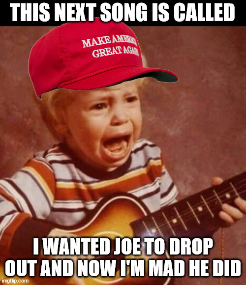 Guitar crying kid | THIS NEXT SONG IS CALLED; I WANTED JOE TO DROP OUT AND NOW I'M MAD HE DID | image tagged in guitar crying kid | made w/ Imgflip meme maker
