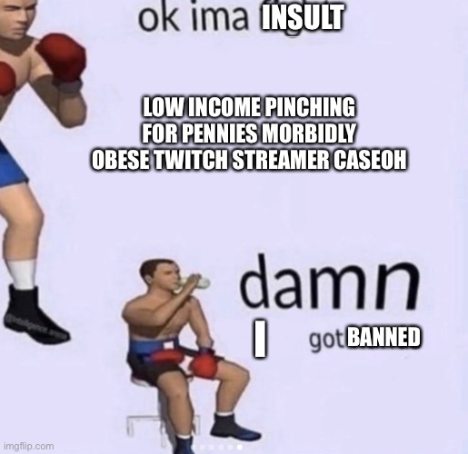 Literally everytime | INSULT; LOW INCOME PINCHING FOR PENNIES MORBIDLY OBESE TWITCH STREAMER CASEOH; I; BANNED | image tagged in damn got hands | made w/ Imgflip meme maker